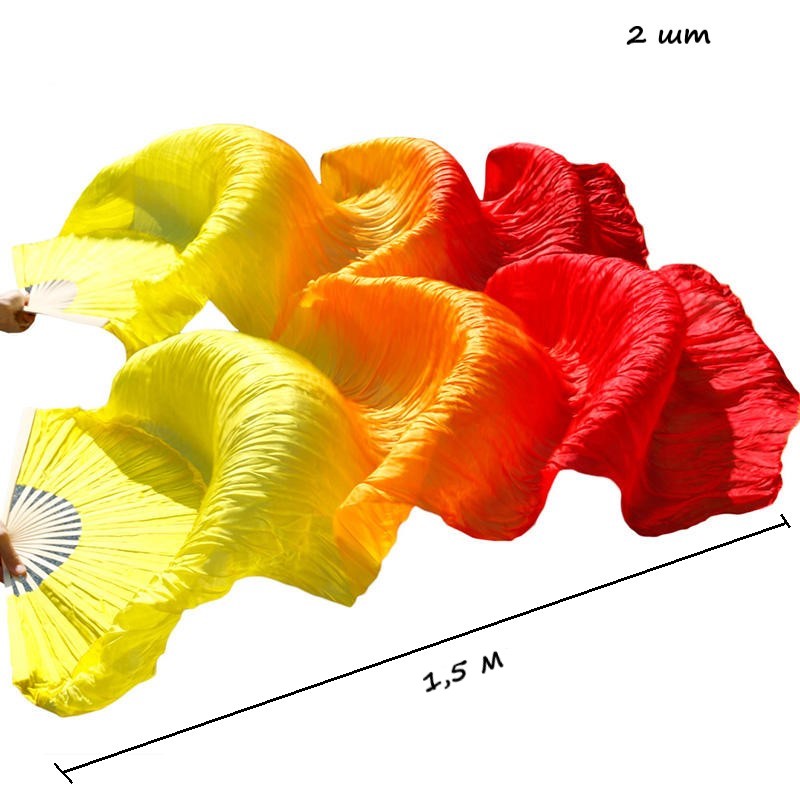 Веер-вейл для танцев 2 шт 57см х 1,5м №4, шелк, желтый+св. оранжевый+красный