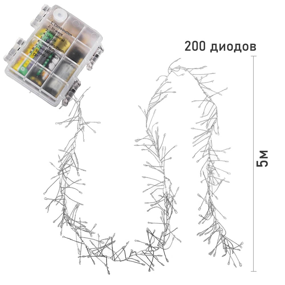 Гирлянда LED Роса-Мишура от батареек, 5м х 200 диодов, 8 режимов, белый